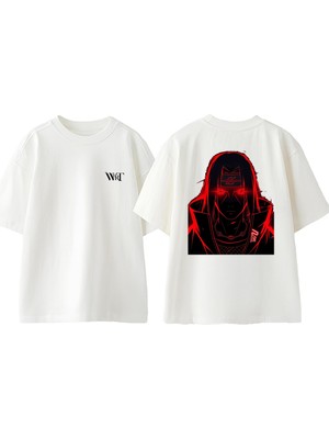 Uchiha Itachi Naruto 8 Tasarım Sırt Baskılı Pamuk Beyaz Oversize T-Shirt
