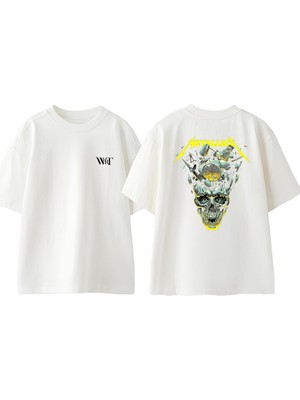 Metallıca Yellow Skull Tasarım Sırt Baskılı Pamuk Beyaz Oversize T-Shirt