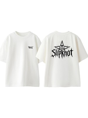 Slipknot Yıldız Tasarım Sırt Baskılı Pamuk Beyaz Oversize T-Shirt