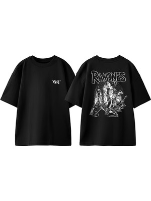 Ramones Çizim Tasarım Sırt Baskılı Pamuk Siyah Oversize T-Shirt