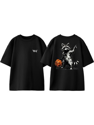 Basketball Raccoon Tasarım Sırt Baskılı Pamuk Siyah Oversize T-Shirt