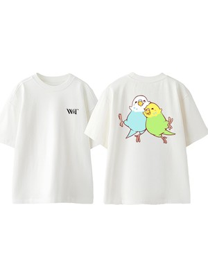 Muhabbet Kuşu 3 Tasarım Sırt Baskılı Pamuk Beyaz Oversize T-Shirt
