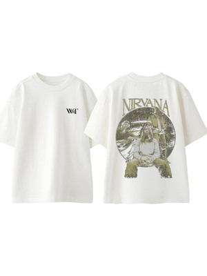 Nirvana 2 Tasarım Sırt Baskılı Pamuk Beyaz Oversize T-Shirt