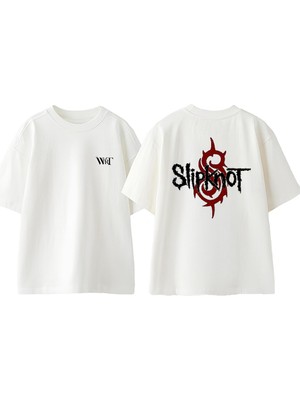 Slipknot Rock Müzik 7 Tasarım Sırt Baskılı Pamuk Beyaz Oversize T-Shirt
