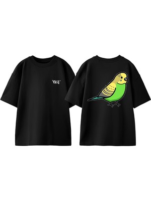 Muhabbet Kuşu 2 Tasarım Sırt Baskılı Pamuk Siyah Oversize T-Shirt