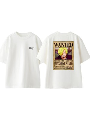 One Piece Sanj Wanted Tasarım Sırt Baskılı Pamuk Beyaz Oversize T-Shirt