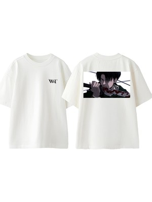 Attack On Titan Levi3 Tasarım Sırt Baskılı Pamuk Beyaz Oversize T-Shirt