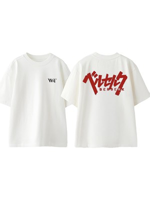 Red Kanji Berserk Tasarım Sırt Baskılı Pamuk Beyaz Oversize T-Shirt