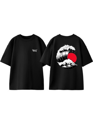 The Great Wave 3 Tasarım Sırt Baskılı Pamuk Siyah Oversize T-Shirt