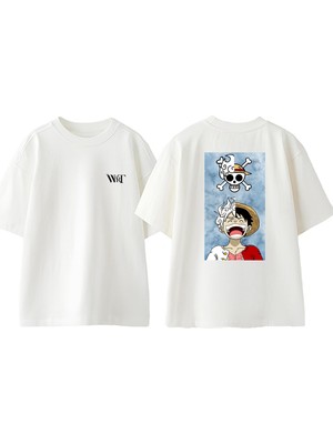 One Piece Korsan Tasarım Sırt Baskılı Pamuk Beyaz Oversize T-Shirt
