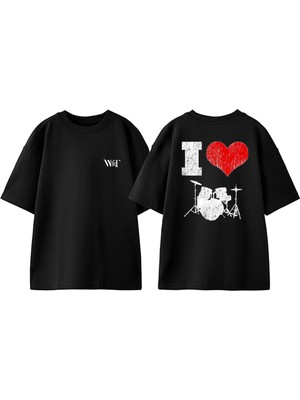 Bateri Drum Müzik 3 Tasarım Sırt Baskılı Pamuk Siyah Oversize T-Shirt