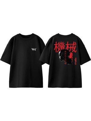 Cyberpunk Gaming Style Tasarım Sırt Baskılı Pamuk Siyah Oversize T-Shirt
