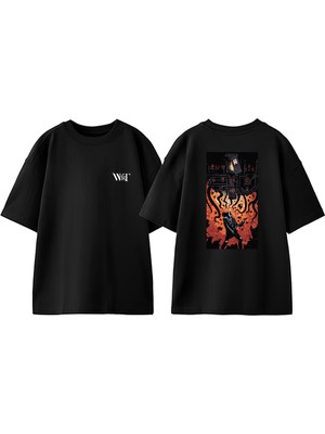 Metal Tasarım Sırt Baskılı Pamuk Siyah Oversize T-Shirt