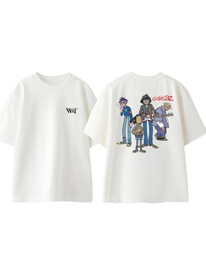 Gorillaz Self Titled Tasarım Sırt Baskılı Pamuk Beyaz Oversize T-Shirt