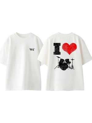 Bateri Drum Müzik 3 Tasarım Sırt Baskılı Pamuk Beyaz Oversize T-Shirt