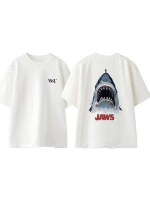 Jaws 2 Tasarım Sırt Baskılı Pamuk Beyaz Oversize T-Shirt