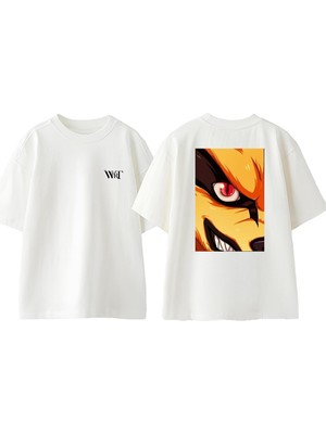 Naruto Jinchūrik Tasarım Sırt Baskılı Pamuk Beyaz Oversize T-Shirt