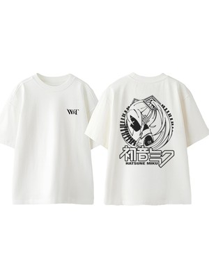 Hatsune Miku 2 Tasarım Sırt Baskılı Pamuk Beyaz Oversize T-Shirt
