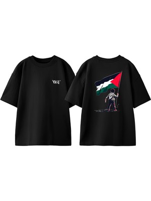 Palestine 2 Tasarım Sırt Baskılı Pamuk Siyah Oversize T-Shirt