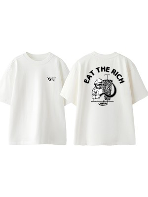 Eat The Rich Tasarım Sırt Baskılı Pamuk Beyaz Oversize T-Shirt