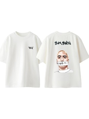 Eminem 2 Tasarım Sırt Baskılı Pamuk Beyaz Oversize T-Shirt