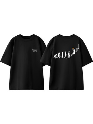 Basketball Evolution Tasarım Sırt Baskılı Pamuk Siyah Oversize T-Shirt