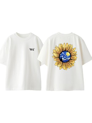Van Gogh 2 Tasarım Sırt Baskılı Pamuk Beyaz Oversize T-Shirt