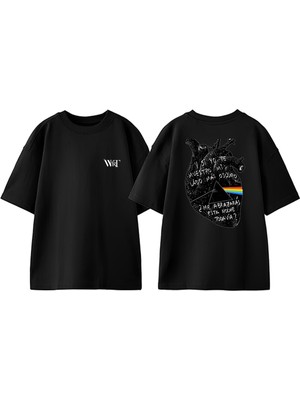 Pink Floyd Kalp Tasarım Sırt Baskılı Pamuk Siyah Oversize T-Shirt