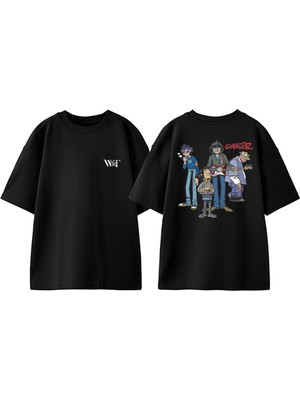 Gorillaz Self Titled Tasarım Sırt Baskılı Pamuk Siyah Oversize T-Shirt