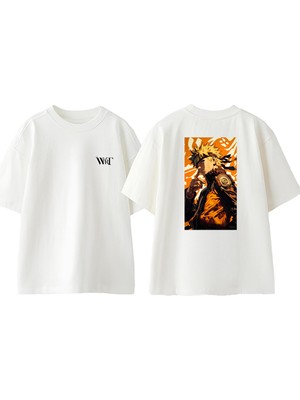 Naruto Uzumaki Tasarım Sırt Baskılı Pamuk Beyaz Oversize T-Shirt