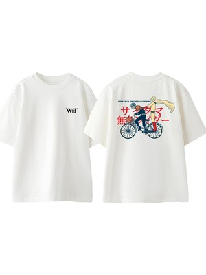 Saitama Mumen Rider Tasarım Sırt Baskılı Pamuk Beyaz Oversize T-Shirt