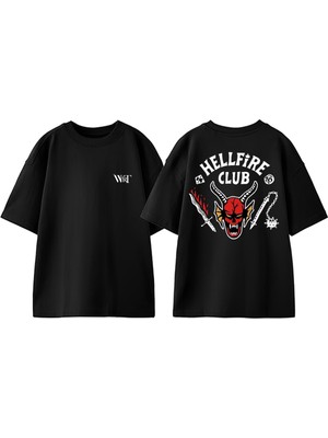 Hellfire Club 2 Tasarım Sırt Baskılı Pamuk Siyah Oversize T-Shirt