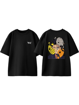 Obito Mask Anime Tasarım Sırt Baskılı Pamuk Siyah Oversize T-Shirt