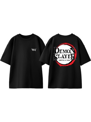 Demon Slayer 1 Tasarım Sırt Baskılı Pamuk Siyah Oversize T-Shirt