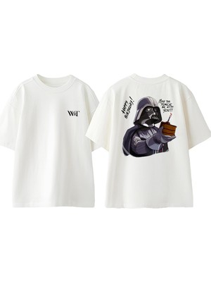 Happy Birthday Darth Vader Tasarım Sırt Baskılı Pamuk Beyaz Oversize T-Shirt