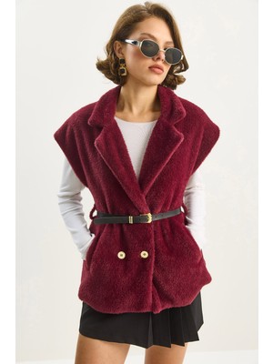Kadın Suni Kürk Dokulu Kemerli Cep Detaylı Astarlı Yelek