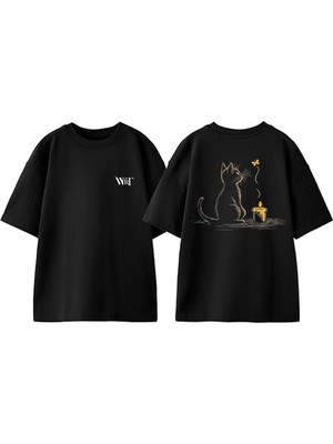 Mum ve Kedi Tasarım Sırt Baskılı Pamuk Siyah Oversize T-Shirt