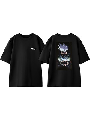Naruto Kakashi White Tasarım Sırt Baskılı Pamuk Siyah Oversize T-Shirt