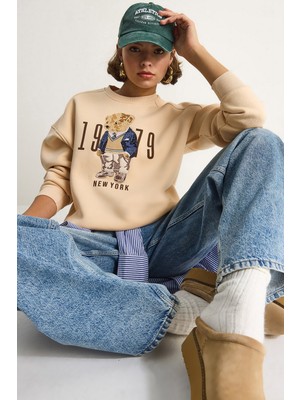 Kadın Bisiklet Yaka Teddy Nakış Detaylı Sweat