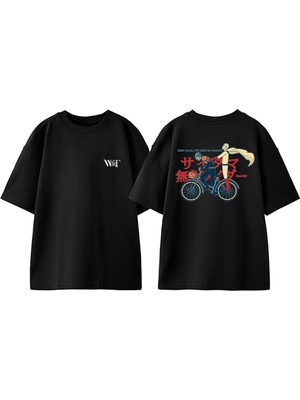 Saitama Mumen Rider Tasarım Sırt Baskılı Pamuk Siyah Oversize T-Shirt