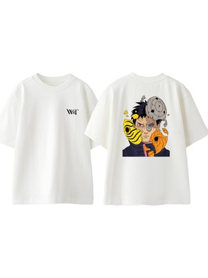 Obito Mask Anime Tasarım Sırt Baskılı Pamuk Beyaz Oversize T-Shirt