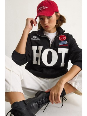 Kadın Fermuarlı Dik Yaka Işlemeli Üç Iplik Şardonlu Oversize Sweatshirt