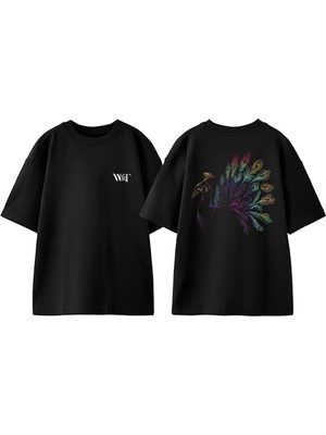 Tavus Kuşu Tasarım Sırt Baskılı Pamuk Siyah Oversize T-Shirt