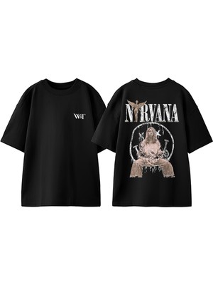Nirvana 4 Tasarım Sırt Baskılı Pamuk Siyah Oversize T-Shirt