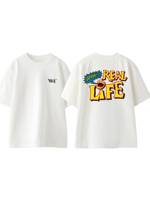 Real Life Tasarım Sırt Baskılı Pamuk Beyaz Oversize T-Shirt