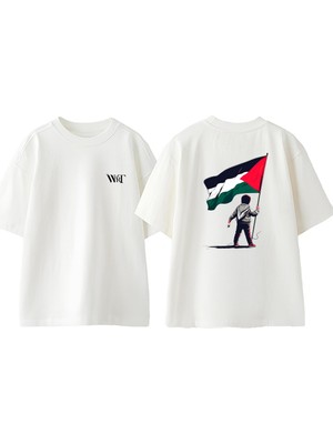 Palestine 2 Tasarım Sırt Baskılı Pamuk Beyaz Oversize T-Shirt