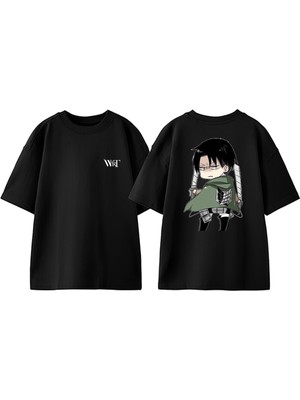 Attack On Titan Levi Mini Tasarım Sırt Baskılı Pamuk Siyah Oversize T-Shirt