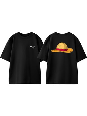 One Piece Straw Hat Tasarım Sırt Baskılı Pamuk Siyah Oversize T-Shirt