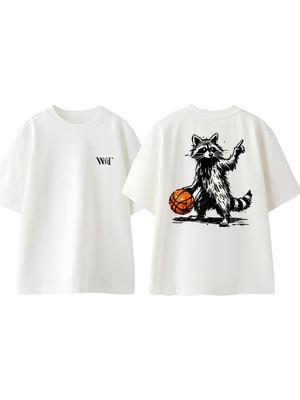 Basketball Raccoon Tasarım Sırt Baskılı Pamuk Beyaz Oversize T-Shirt