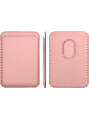 Chna Apple iPhone 12 / 13 / 14 / 15 / 16 / 17 Serisi ile Uyumlu Deri Cüzdan Magsafe Kartlık Pudra Pembe